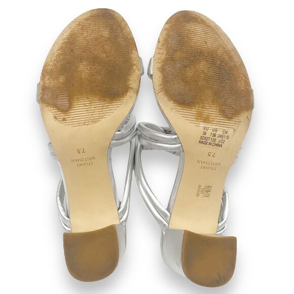 Stuart Weitzman Twist 75 Knot Block Heel Sandal Metallic Silver Leather Size 7.5 - Picture 12 of 16